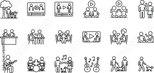 People interaction and community connection line icon set, featuring family, education, learning, music, video, discussion, partnership, friendship, and pet walking symbols, perfect for social media