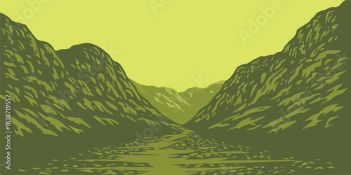 Stunning valley landscape with dramatic mountain vistas, perfect for travel blogs, outdoor adventure campaigns, and nature-themed designs