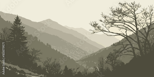 Serene mountain range vista with layered peaks and natural beauty, perfect for travel inspiration or scenic backgrounds in a calming natural palette