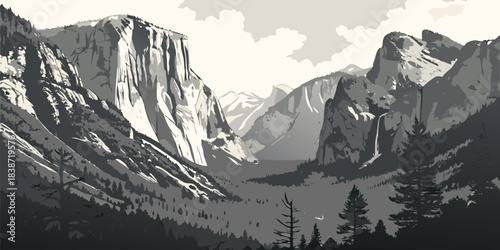 Dramatic monochrome mountain valley illustration with cliffs and trees, perfect for travel, adventure, or inspiring nature themes in your next project
