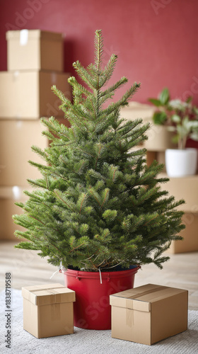 Bare christmas tree in stand with moving boxes in background