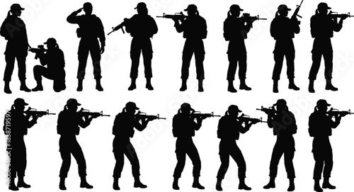 Powerful Female Soldiers Silhouette Collection, Women Military Army Infantry Vector Bundle, Diverse Tactical Poses with Assault Rifles, Female Warrior Icon Set for Veterans,