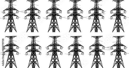 Repeating Pattern of High Voltage Electric Transmission Towers Vector Graphic, Power Line Infrastructure, Electricity Pylons and Overhead Energy Grid Network on a Clean White Background