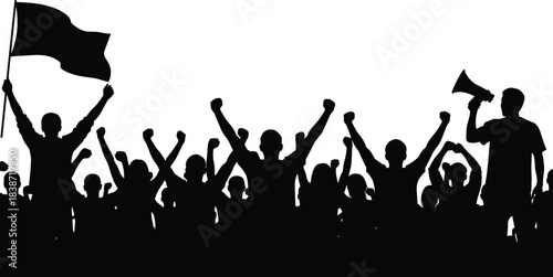 Protest crowd silhouette, people raising hands, activist with flag and megaphone, political rally, public demonstration, unity, revolution, social movement vector