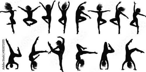 Dance silhouette illustration, dynamic poses, black vector art, expressive movement, female dancer, energetic choreography, jump spin kick, artistic performance, motion study