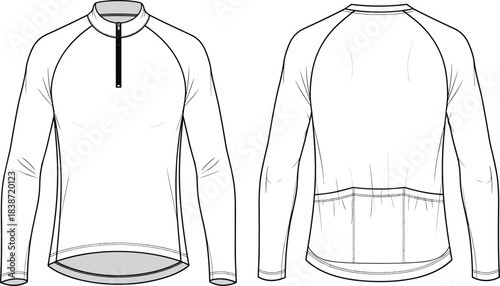 Technical flat sketch drawing vector long sleeve cycling jersey apparel mockup front and back view raglan sport shirt fitness triathlon training garment template technical illustration.