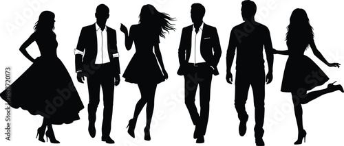 Fashion silhouette illustration, stylish walking poses, black vector art, male female figures, modern outfit concept, artistic design, runway style, elegance