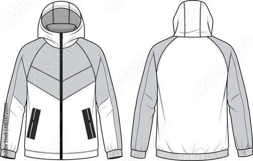 Technical flat sketch of men's hooded windbreaker jacket with chevron paneling, raglan sleeves, contrast color blocking, and elastic cuffs for a sleek, modern streetwear and activewear design.