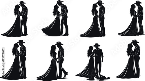 Romantic couple silhouettes, cowboy style, love poses, black vector, western romance, kissing, holding hands, embracing, walking together, wedding theme, stock illustration