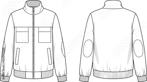 Technical fashion flat sketch vector template for men's modern bomber jacket, full zip-up casual outerwear with high collar, chest flap pockets, elbow patches, rib-knit cuffs