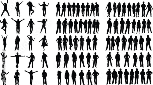 Human silhouette collection, expressive poses, standing figures, body language, black vector, emotional gestures, static postures, group layout, stock illustration, design element