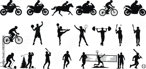 Sports activity silhouettes, motorcycle, horse riding, tennis, boxing, skiing, baseball, black vector icons, physical exercise, athletic motion, outdoor recreation