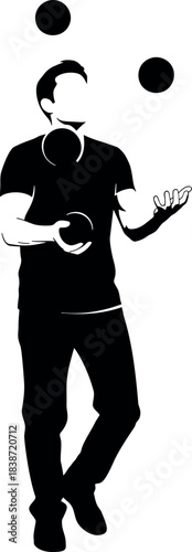 Black and white graphic illustration capturing a man's skillful act of juggling several balls, symbolizing performance, talent, and focused concentration