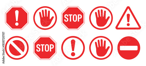 Set of Stop Street Icon Collection, a vector pack featuring red stop signs, hand stop symbols, and text-based stop road signs for traffic, safety, and urban design