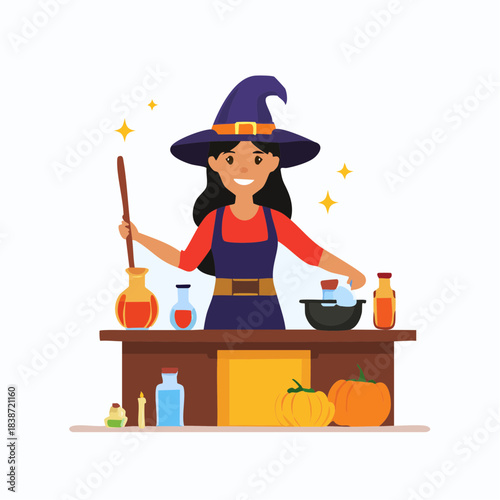 Happy Witch Making Magic Potion with Pumpkins for Halloween.