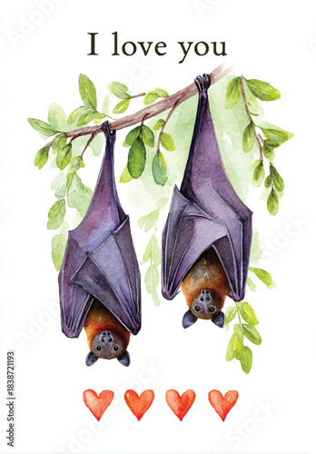 Love and Bats: A charming watercolor illustration showcases two adorable bats, suspended upside down from a tree branch. Beneath them, four small hearts gently whisper the emotion of love.