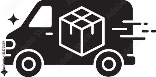 Delivery van with box and motion lines vector for fast shipping and distribution