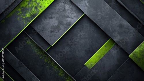 Dark gray and green abstract background with diagonal lines, geometric shapes, grungy textures, lime & neon green tones, copy space, ideal for tech/gaming themes, architectural presentations