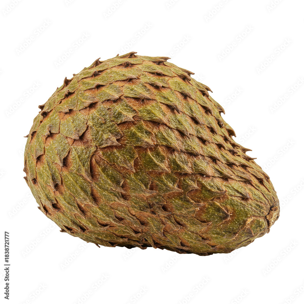 Fototapeta premium Closeup of a soursop fruit with detailed textured skin isolated on white background
