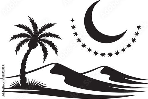 Silhouette desert with crescent moon and star trail design for ramadan kareem theme