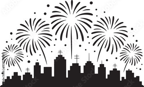 Silhouette Of City Buildings With Fireworks Representing New Year Celebration Vector