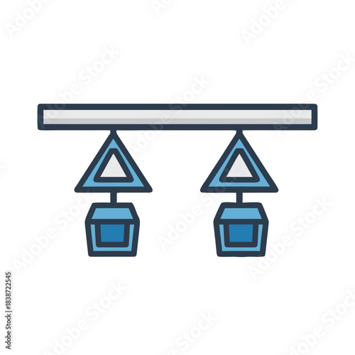 Two Cable Cars Suspended from a Gray Overhead Rail in a Simple Stylized Design with Blue and White Elements