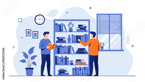 Two Men Examining Bookshelf in a Room With Plants Clock and Window Illustration Clean Minimalist Style Blue and Orange Color Palette