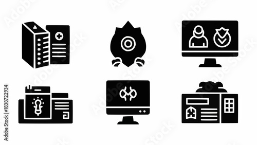 A comprehensive collection of modern technology and cybersecurity glyph icons, illustrating concepts like data server management, digital threat detection, online security, innovative solutions,