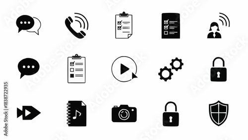 A versatile set of flat black and white vector icons for digital interfaces, covering themes like communication, multimedia, security, settings, and essential user interaction