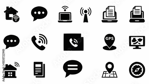 Versatile collection of black silhouette icons representing modern digital communication, internet connectivity, and global navigation technologies, ideal for UI/UX design
