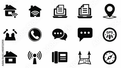 Collection of communication and navigation icons including house, phone, chat, GPS, and compass symbols