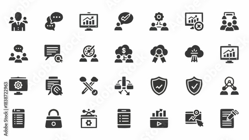 Comprehensive Collection of Modern Business Management, Data Analytics, and Information Technology Vector Glyph Icons for Digital Projects and Corporate Presentations