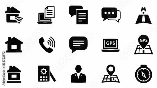 Diverse collection of black silhouette icons, illustrating key concepts in communication, navigation, business, and technology for modern digital design projects