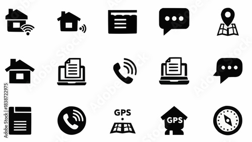 Curated set of essential black glyph icons for contemporary digital interfaces, covering themes like connectivity, home, navigation, communication, and data