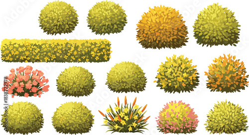 Colorful bush vector set, seasonal foliage shrubs, garden plant elements, stylized landscape design, decorative greenery illustration for outdoor scenes