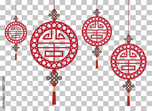 Red Chinese traditional decorative lanterns with intricate patterns and tassels hanging against a transparent background.