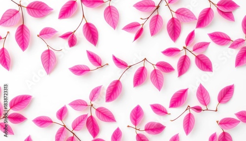 Delicate pink spring leaves forming a seamless repeating pattern on a white background, botanical, delicate