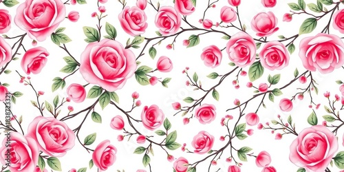 Delicate watercolor pink roses and intertwined branches create a seamless floral pattern, pink roses, soft