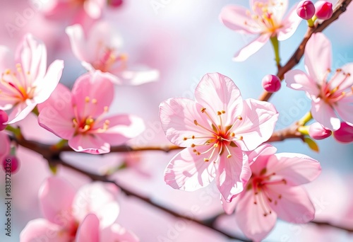 Delicate watercolor-style blossoms, vibrant spring colors, soft light, close-up detail,  leaves,  texture