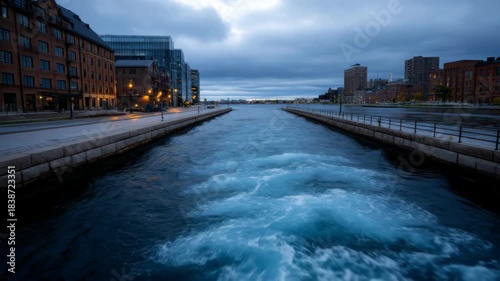 Wallpaper Mural Scenic waterfront view at dusk with urban architecture and flowing water Torontodigital.ca