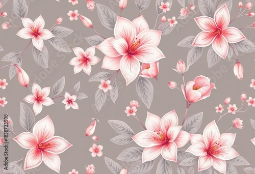 Elegant grey Thai floral pattern, seamless design featuring delicate blossoms and leaves, seamless floral, textile