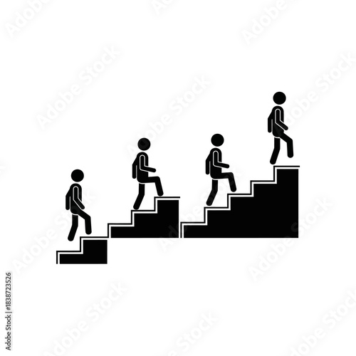 Four stick figures with backpacks steadily ascending a staircase, symbolizing progress, growth, and upward movement.