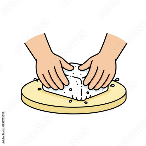 Hands pressing fresh tofu on wooden board — flat design illustration, isolated on white background