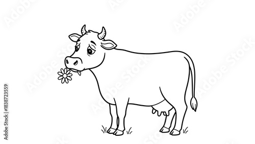 Illustration of a sad cow holding a flower in its mouth