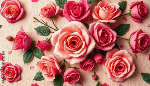 Elegant rose floral seamless pattern on textured fabric background, art, petal