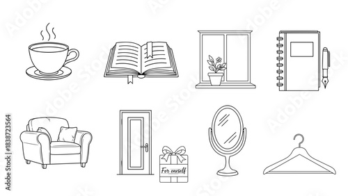 Minimalist line art icons celebrating selfhood and friendship: teacup, book, window, notebook, armchair, door, mirror, and hanger