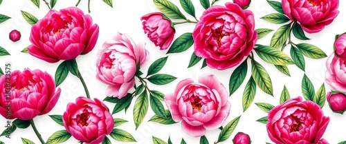 Elegant seamless pattern featuring lush, blooming peonies on a crisp white background,  fabric,  textile