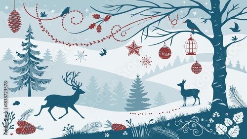 Santa Claus flying over rooftops with reindeer sleigh under stars, magical black silhouette on white background perfect for Christmas art.