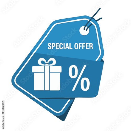 Blue special offer tag with gift box icon and percentage symbol.