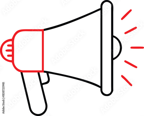 Megaphone outline icon with red sound waves, symbolizing public announcement and communication.